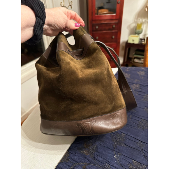 Celine Green-Brown Suede & Brown Leather Triomphe Bucket Shoulder Bag - Picture 8 of 16